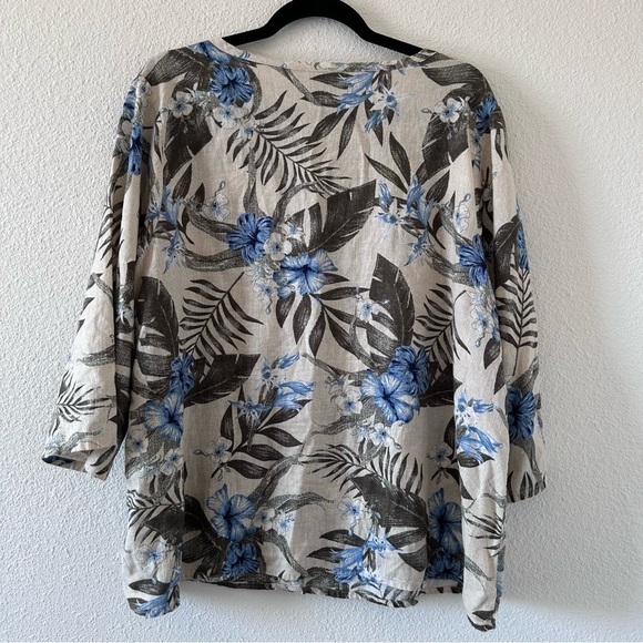 Naturals D&Co Women’s Linen Flax Blend Button Up Large Floral 3/4 Sleeves - Picture 9 of 10